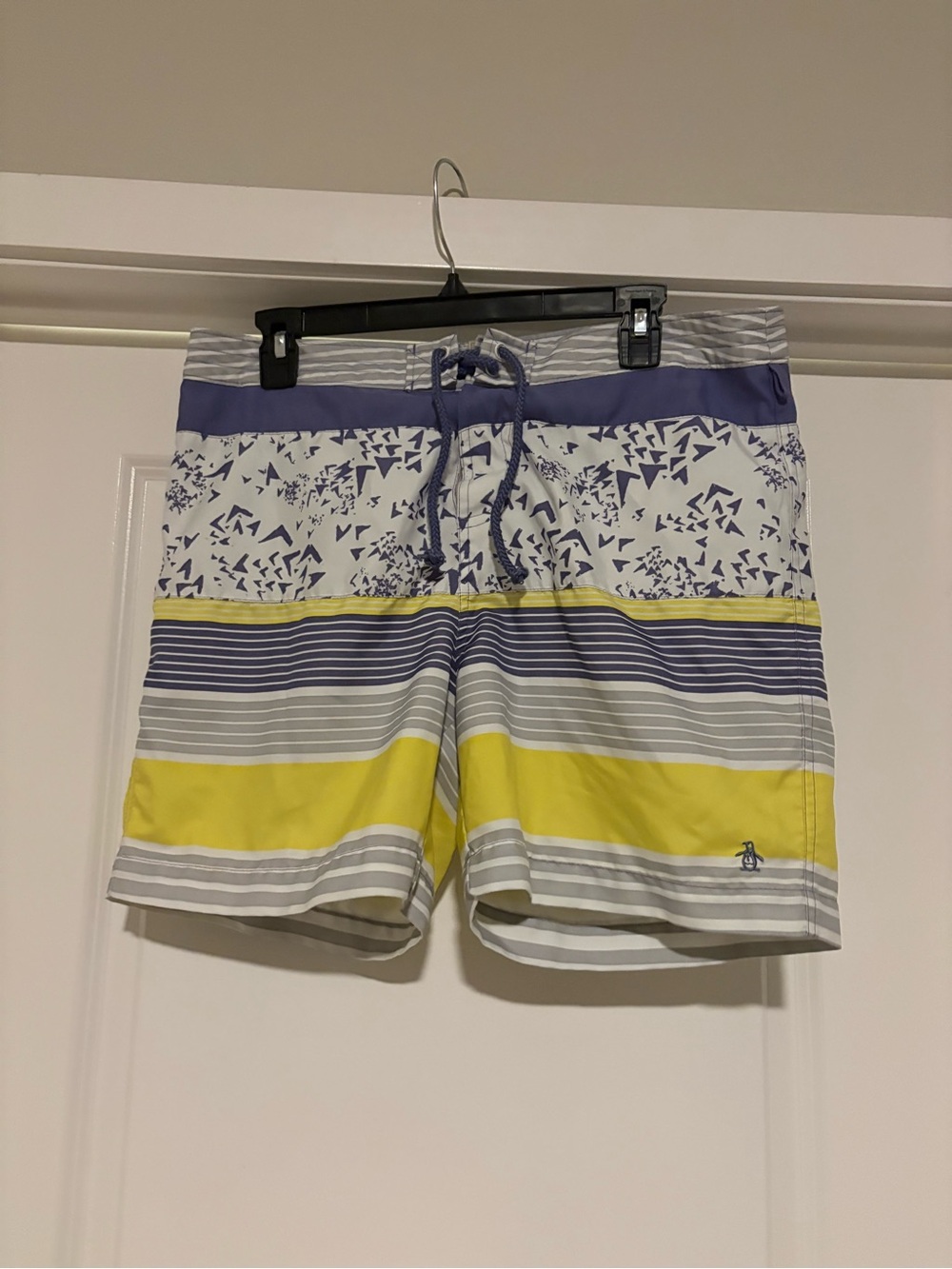 Penguin by Munsingwear Men's Yellow, Navy & White Striped Swim Trunks
